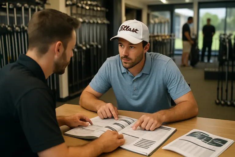 Fitter reviewing club build notes beside shafts and grips