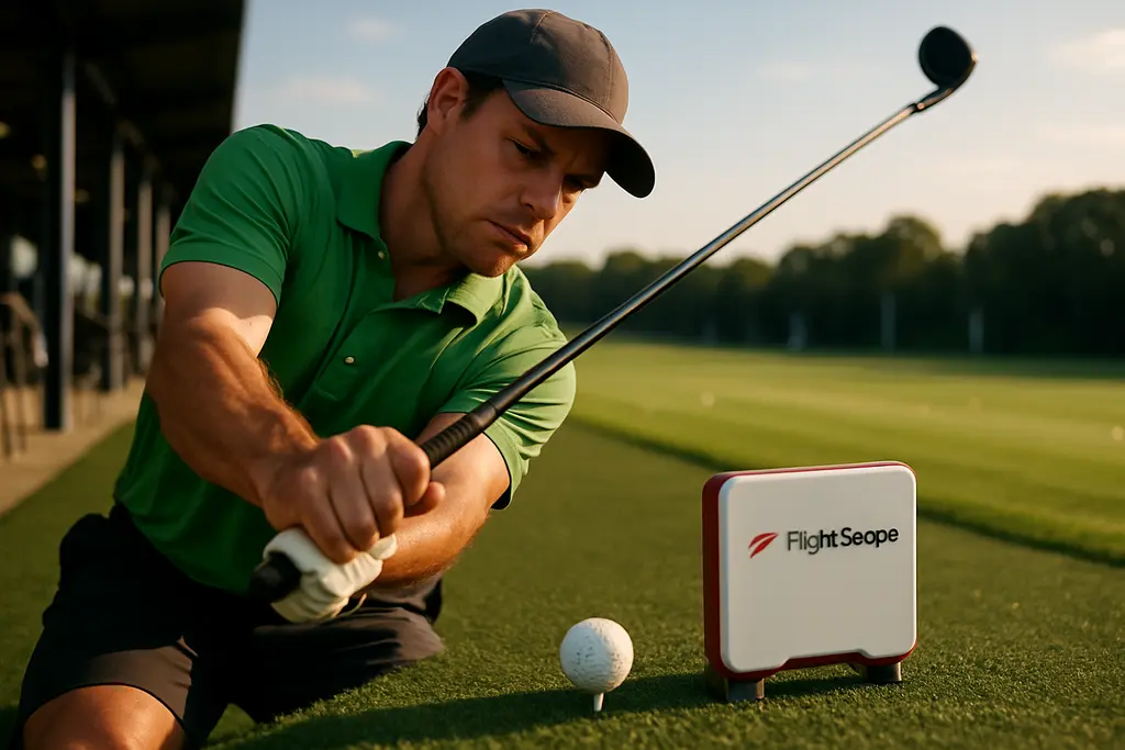 FlightScope Mevo Gen2 launch monitor set behind a golf ball on a practice mat