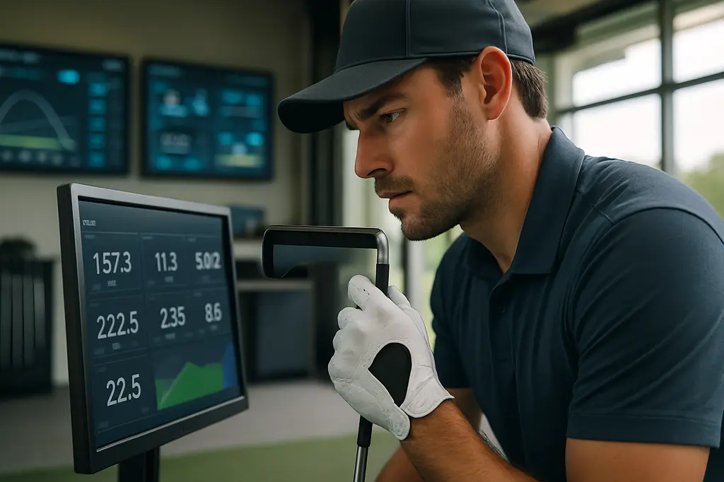 Golfer reviewing Foresight+ ecosystem launch data on an indoor simulator screen