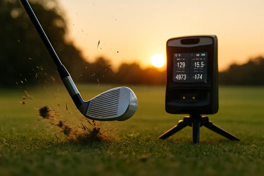 Foresight GC2 Launch Monitor beside golf balls in an indoor hitting bay
