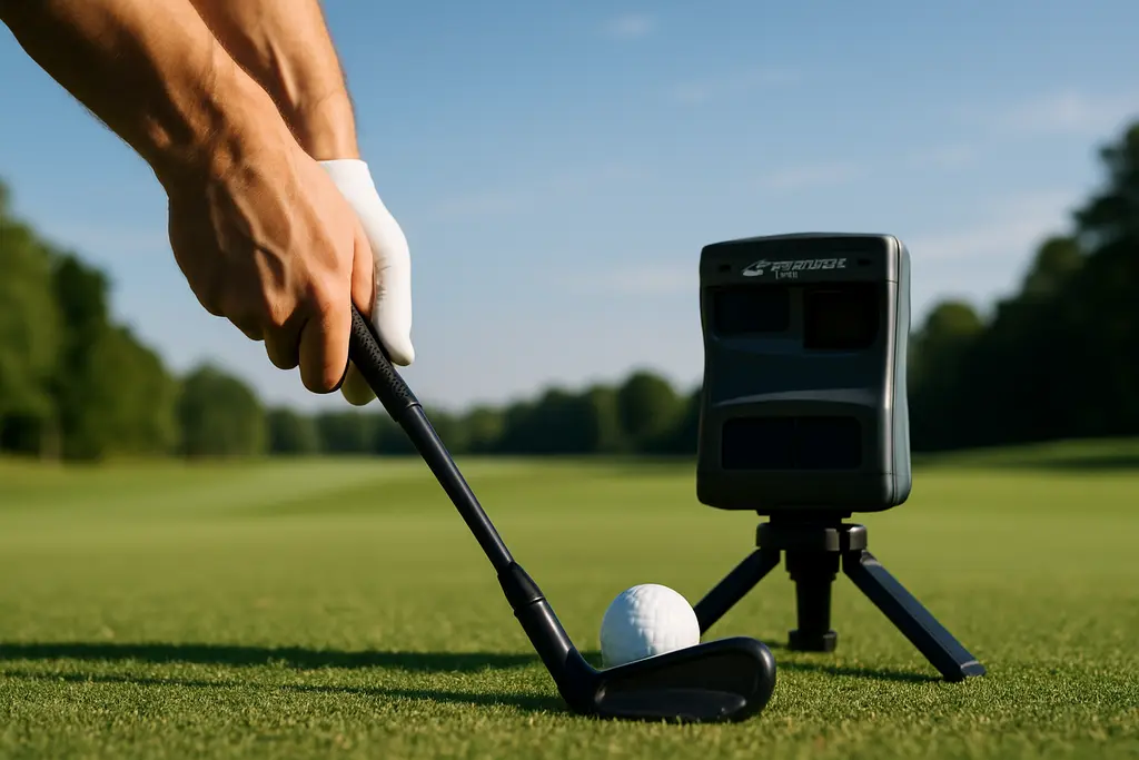 Foresight GC2 Launch Monitor beside golf balls in an indoor fitting bay