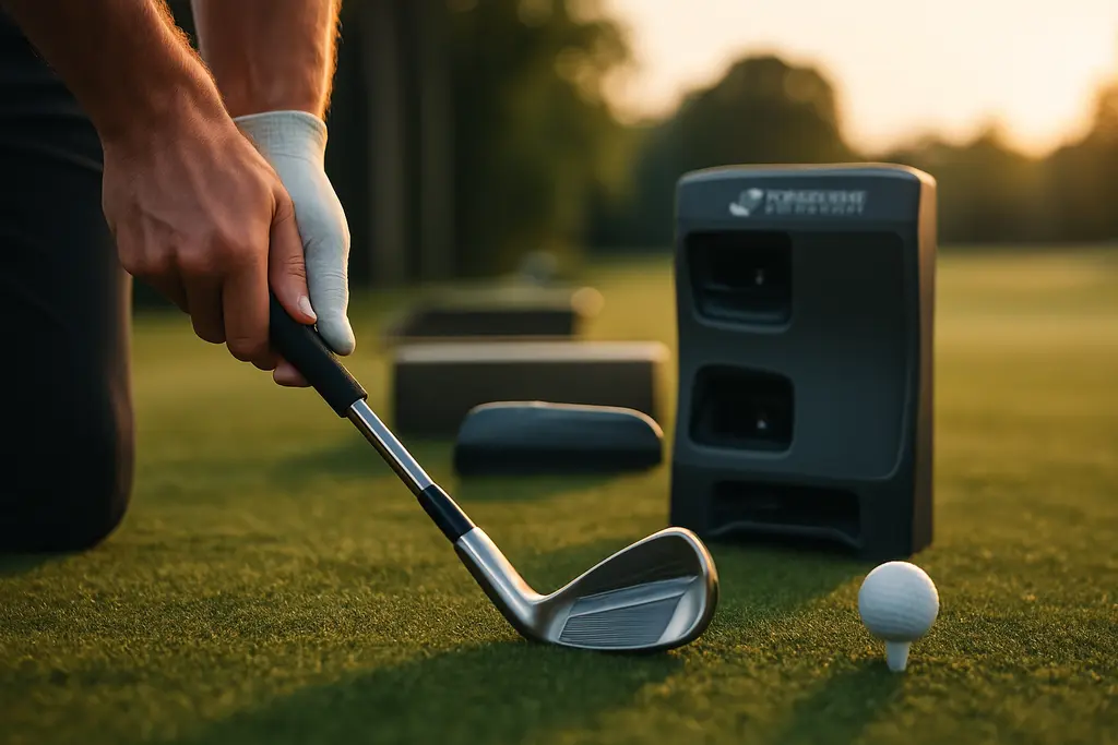 Foresight GC2 pricing setup beside golf balls on an indoor hitting mat