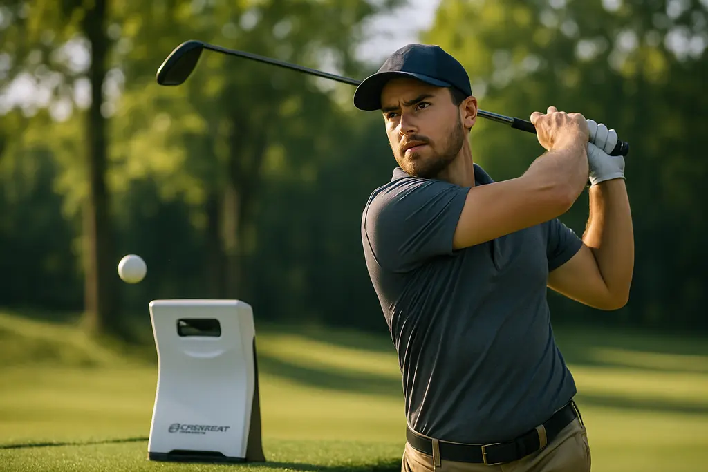 Golfer reviewing Foresight+ tracking data beside a launch monitor in an indoor bay