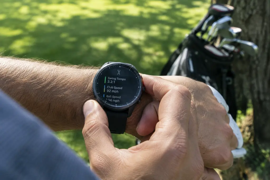 Garmin Approach S72 on a golfer's wrist during range practice