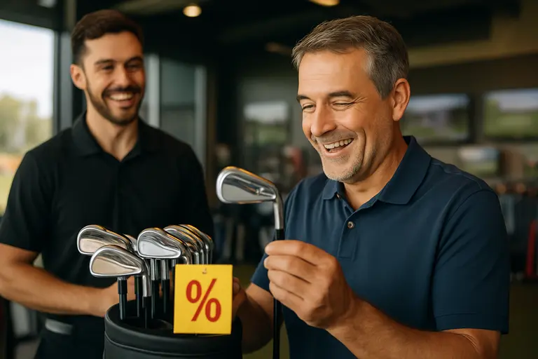 Golf bag with rangefinder, GPS watch, and driver on a range mat