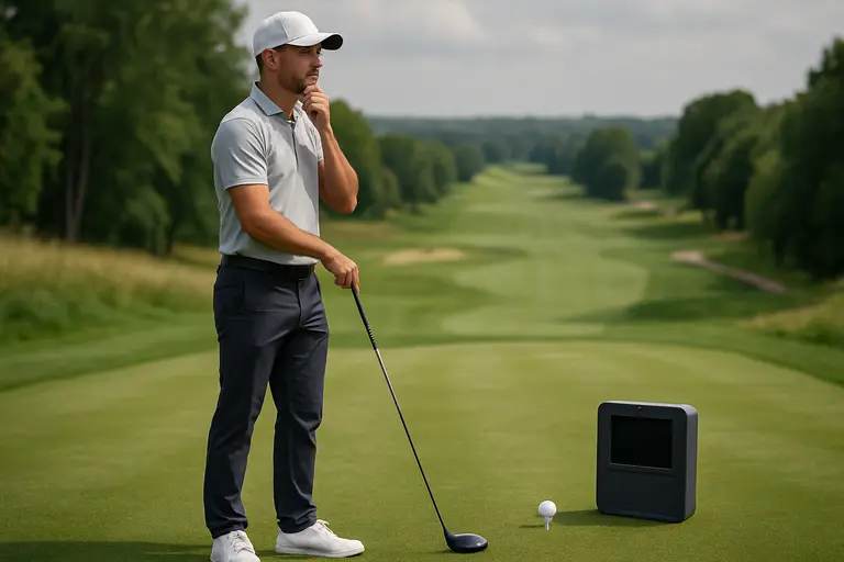 Golf clubs, premium balls, and a launch monitor arranged for testing