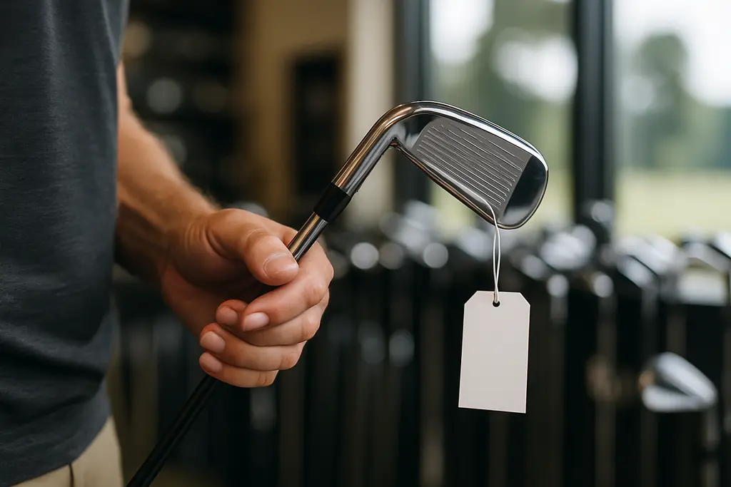 Golf equipment pricing discussion beside clubs and a launch monitor in a fitting bay