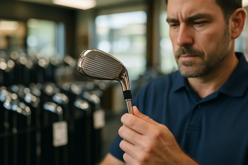 Golf equipment pricing notes beside used clubs on a shop counter