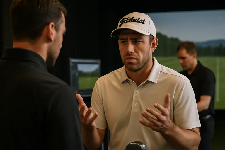 Golf fitter discussing club data with a player after indoor testing