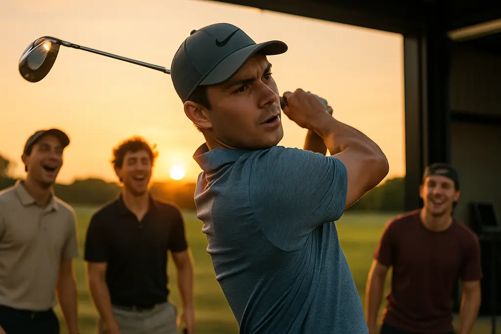 Golfer comparing golf tech deals on a phone beside rangefinder and clubs