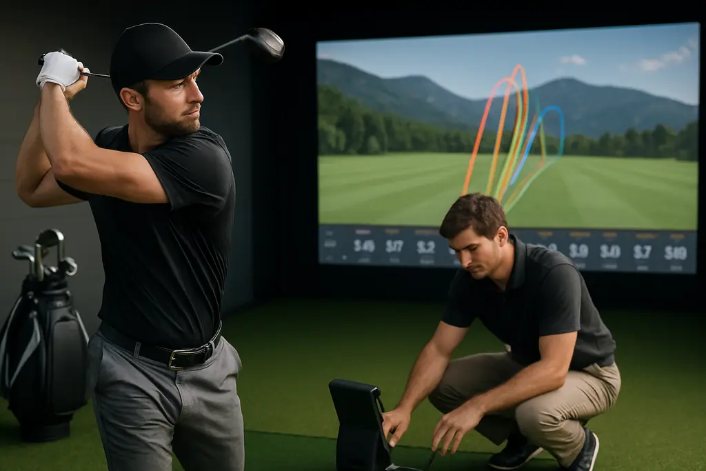 Golf VX Quantum simulator bay with golfer testing an iron indoors