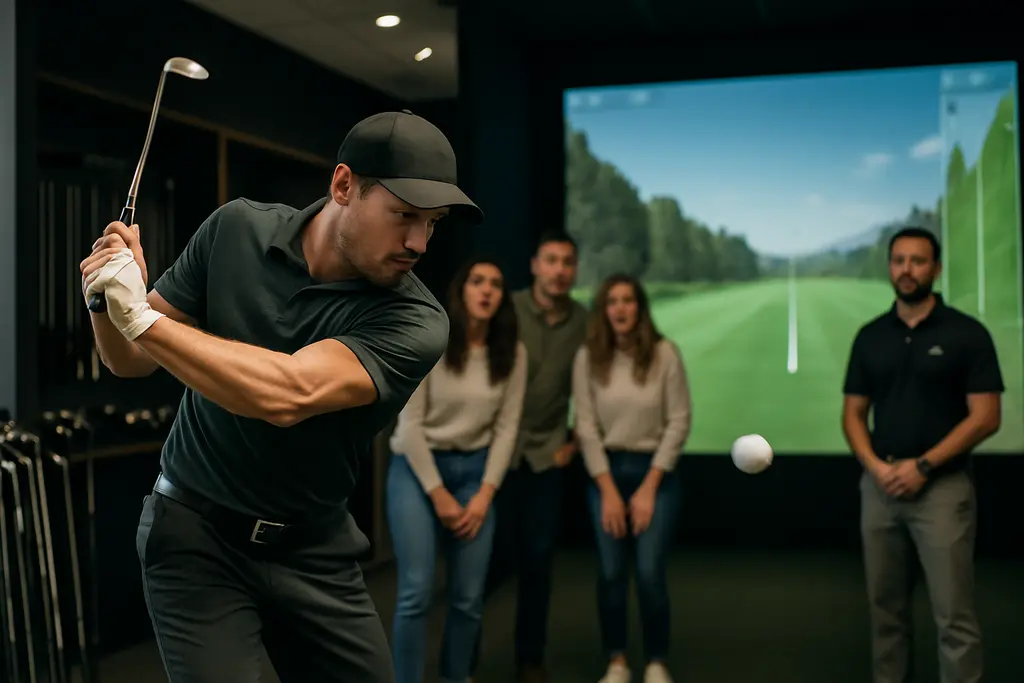 Golf VX Simulator bay with golfer testing an iron on an indoor hitting mat