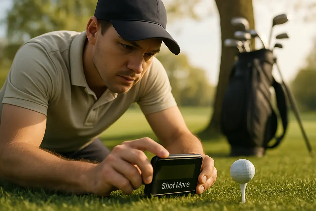 GolfBuddy Shot Mate set behind a golf ball on a practice mat