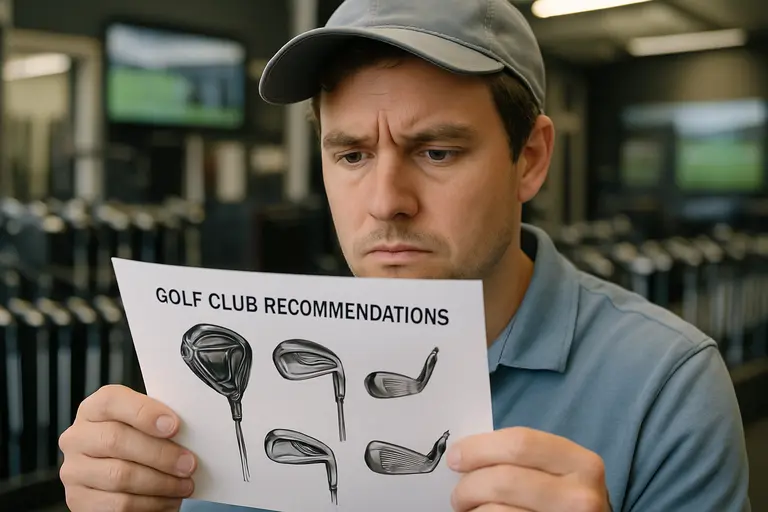 Golfer and fitter reviewing club choices after testing several iron shafts