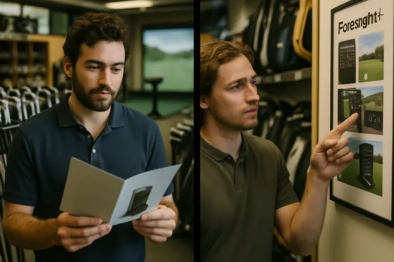 Golfer checking launch monitor numbers before a practice session