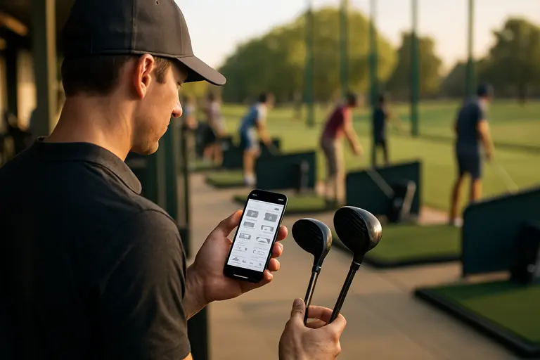 Golfer comparing club data on a tablet beside several iron heads