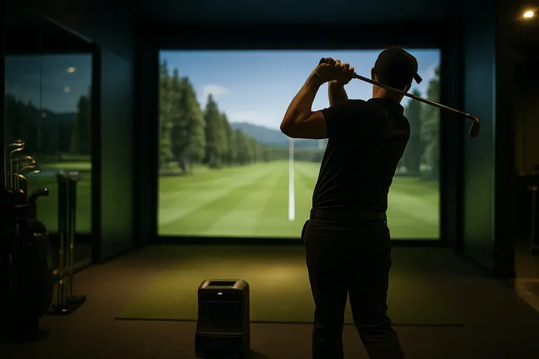 Golfer comparing driver shots on a launch monitor during a fitting session