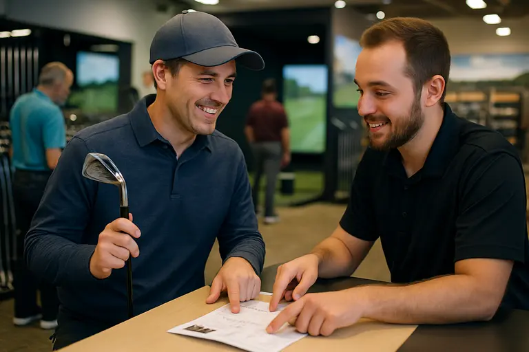 Golfer reviewing a club order sheet with shafts and grips on a workbench
