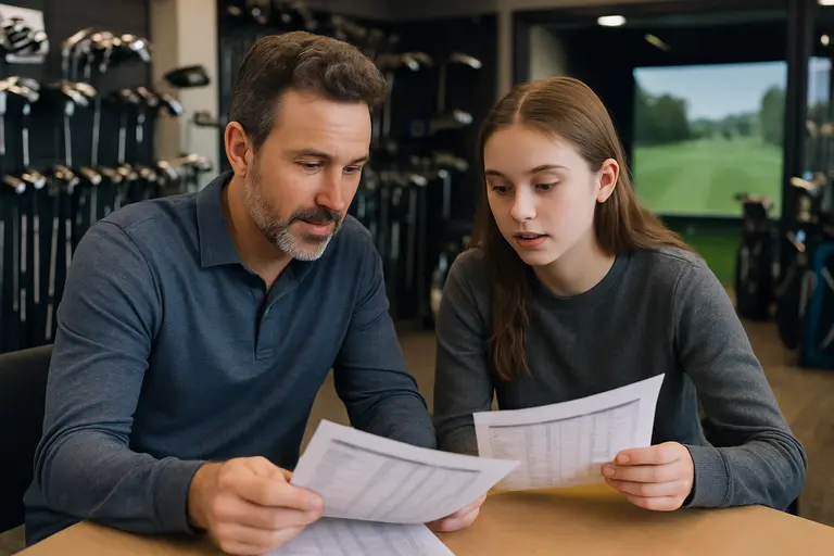 Golfer reviewing a spec sheet next to iron heads