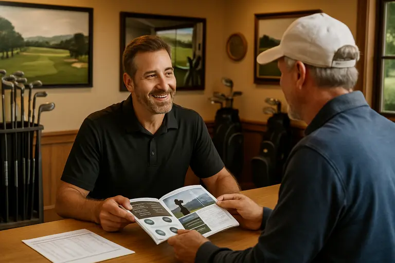 Golfer reviewing club options and fitting notes at a shop counter