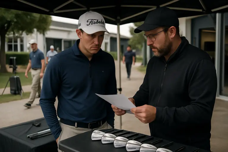 Golfer reviewing driver build notes and a club specification sheet