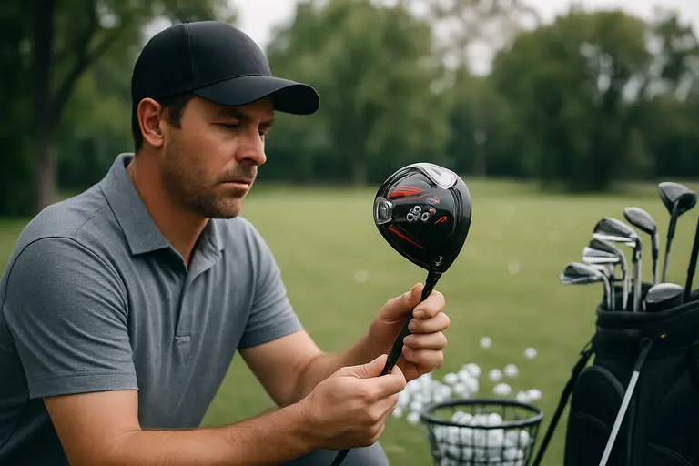 Golfer reviewing launch monitor data after hitting a wood indoors