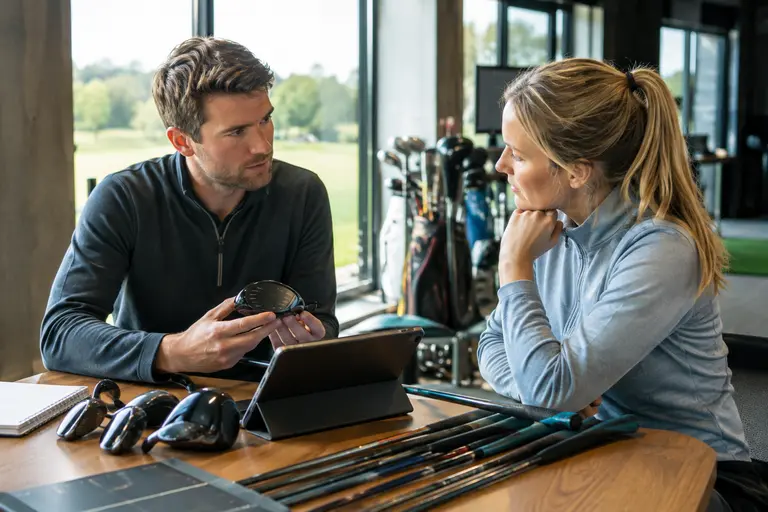 Golfer speaking with a fitter near rows of demo clubs in an indoor bay