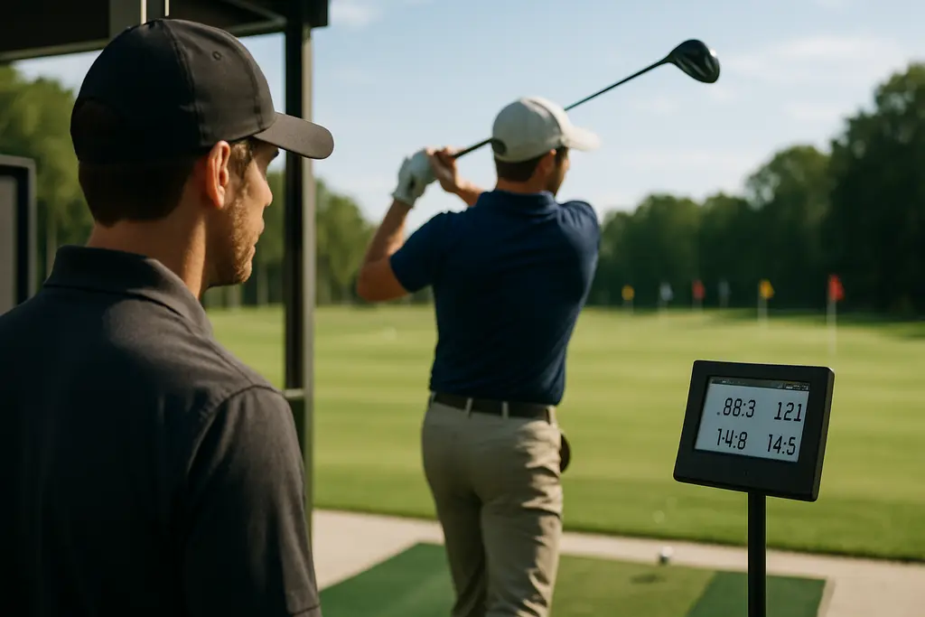 Hot List 2026 launch monitor session with golf clubs lined up on a practice tee