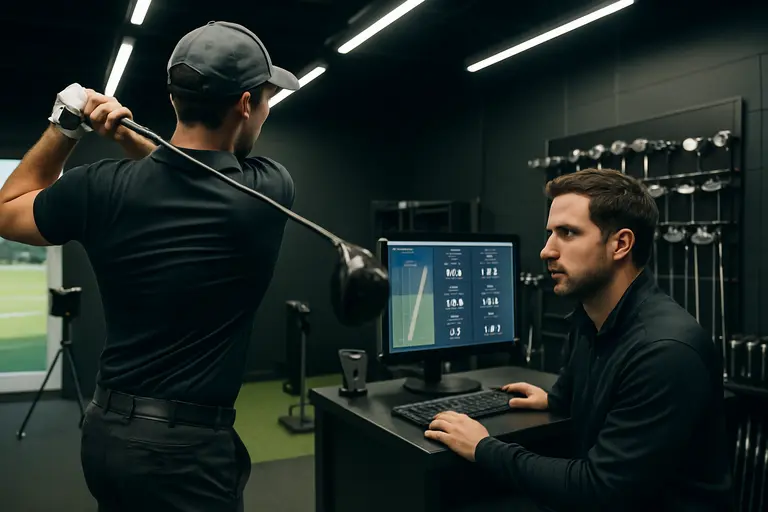 Launch monitor beside golf balls and a driver during an indoor fitting