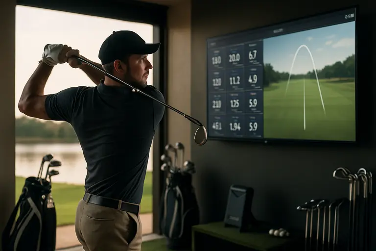 Launch monitor numbers displayed after a golfer hits an iron shot