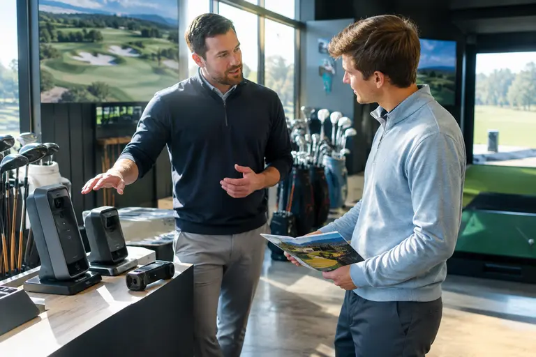 Notebook and launch monitor beside golf balls during a membership comparison