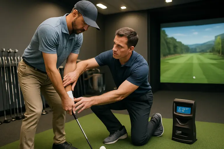 Practice net, hitting mat, and launch monitor arranged in a garage golf setup