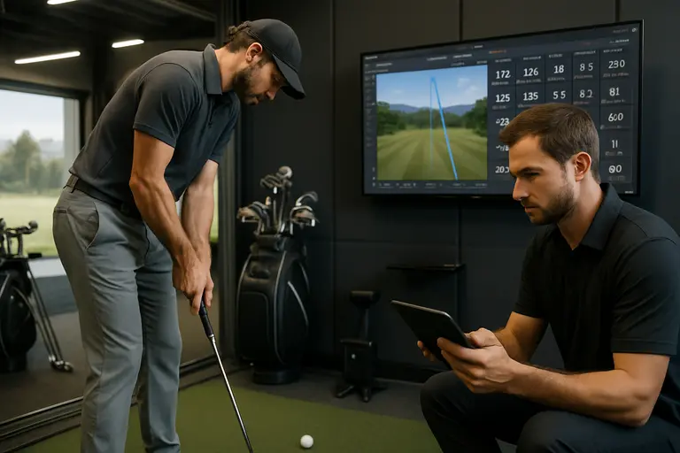 Putter fitting session with alignment tools and golf balls on a practice green