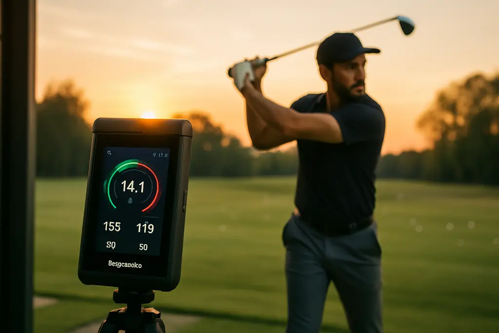 Rapsodo MLM2XPRO launch monitor set behind a golf ball in an indoor fitting bay
