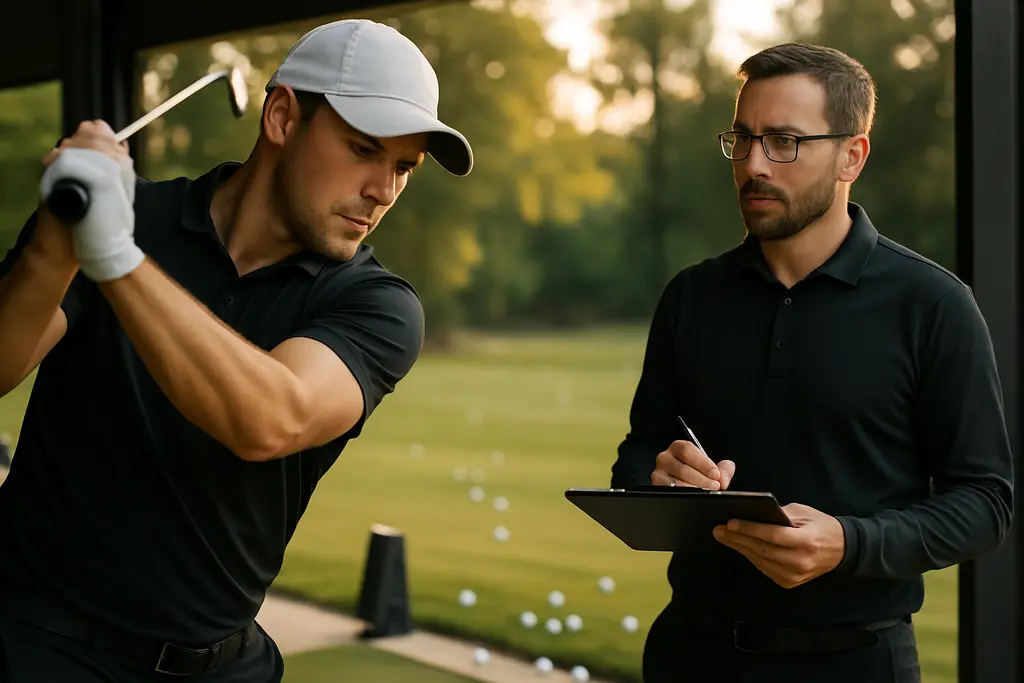 Regular Club Fitting session with irons, launch monitor, and golfer at an indoor bay