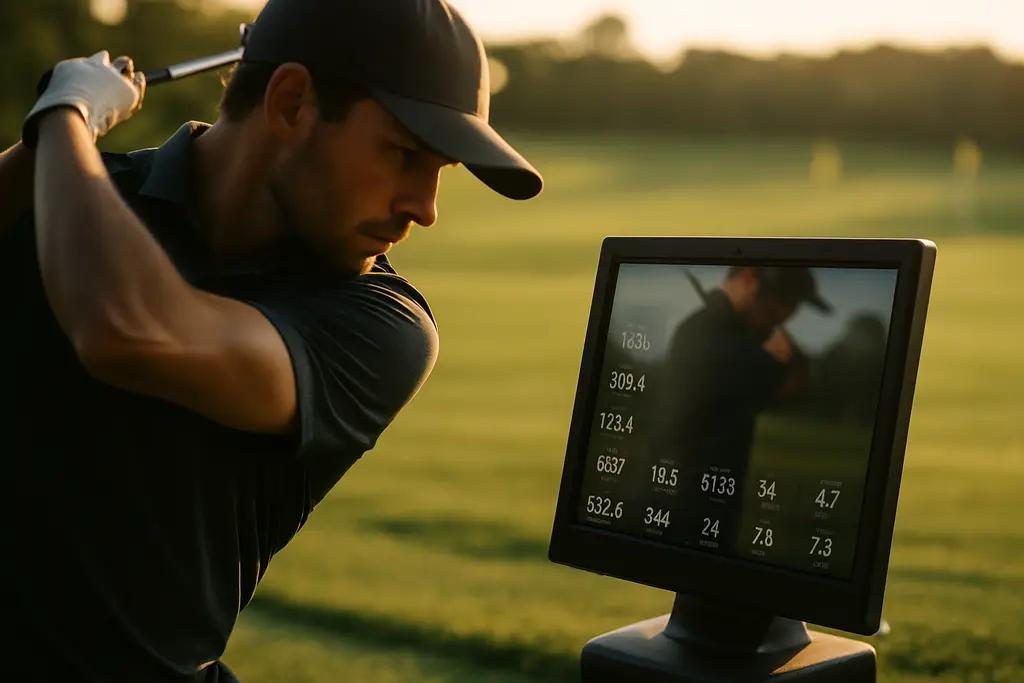 Square Golf Omni launch monitor beside an indoor hitting mat and screen