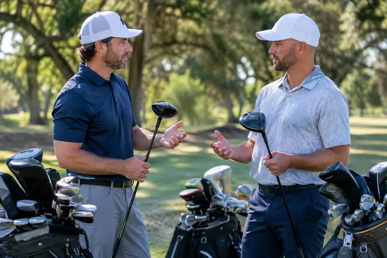 Two driver heads placed side by side near golf balls